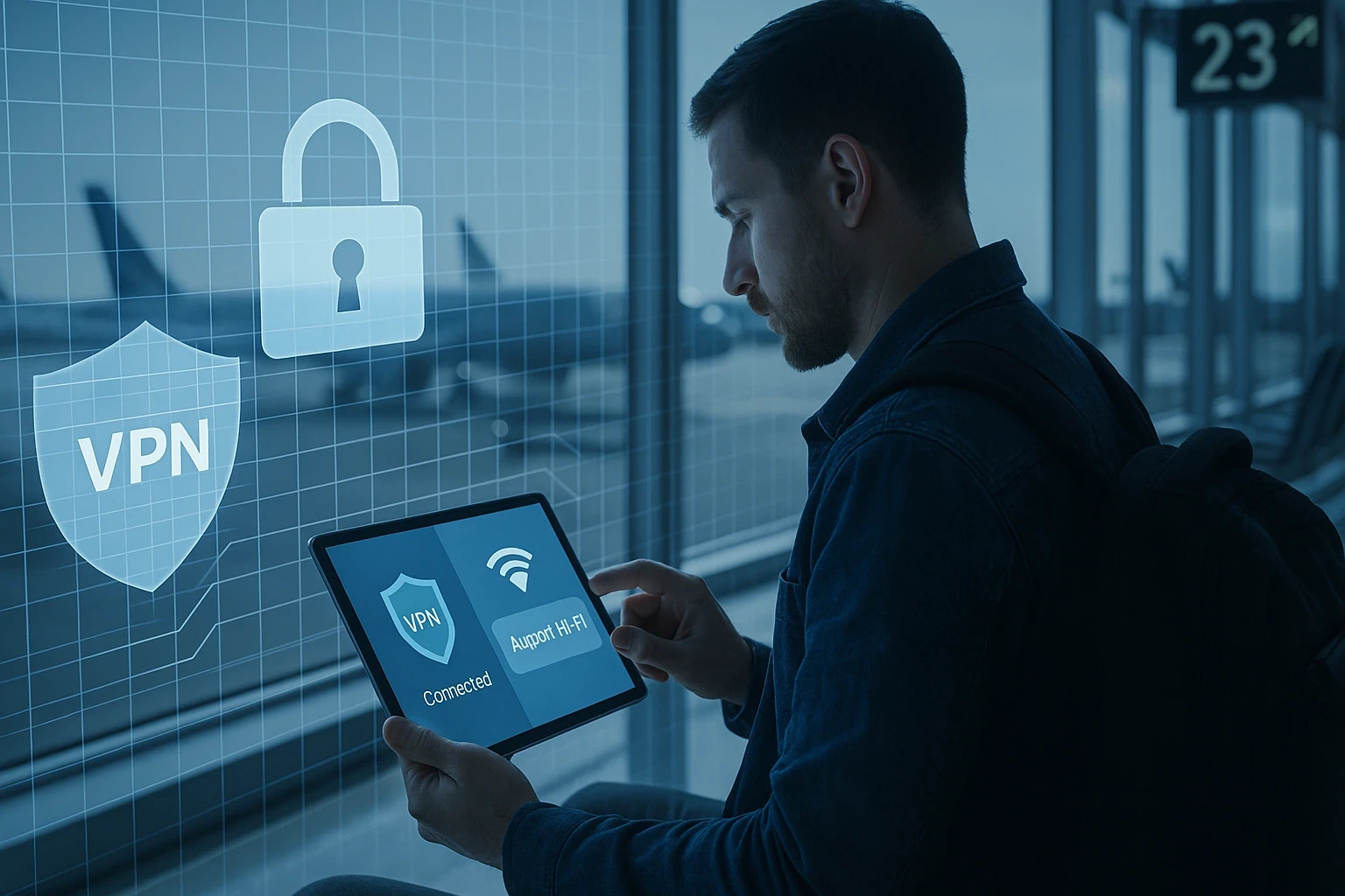 Backpacker browsing securely in an airport