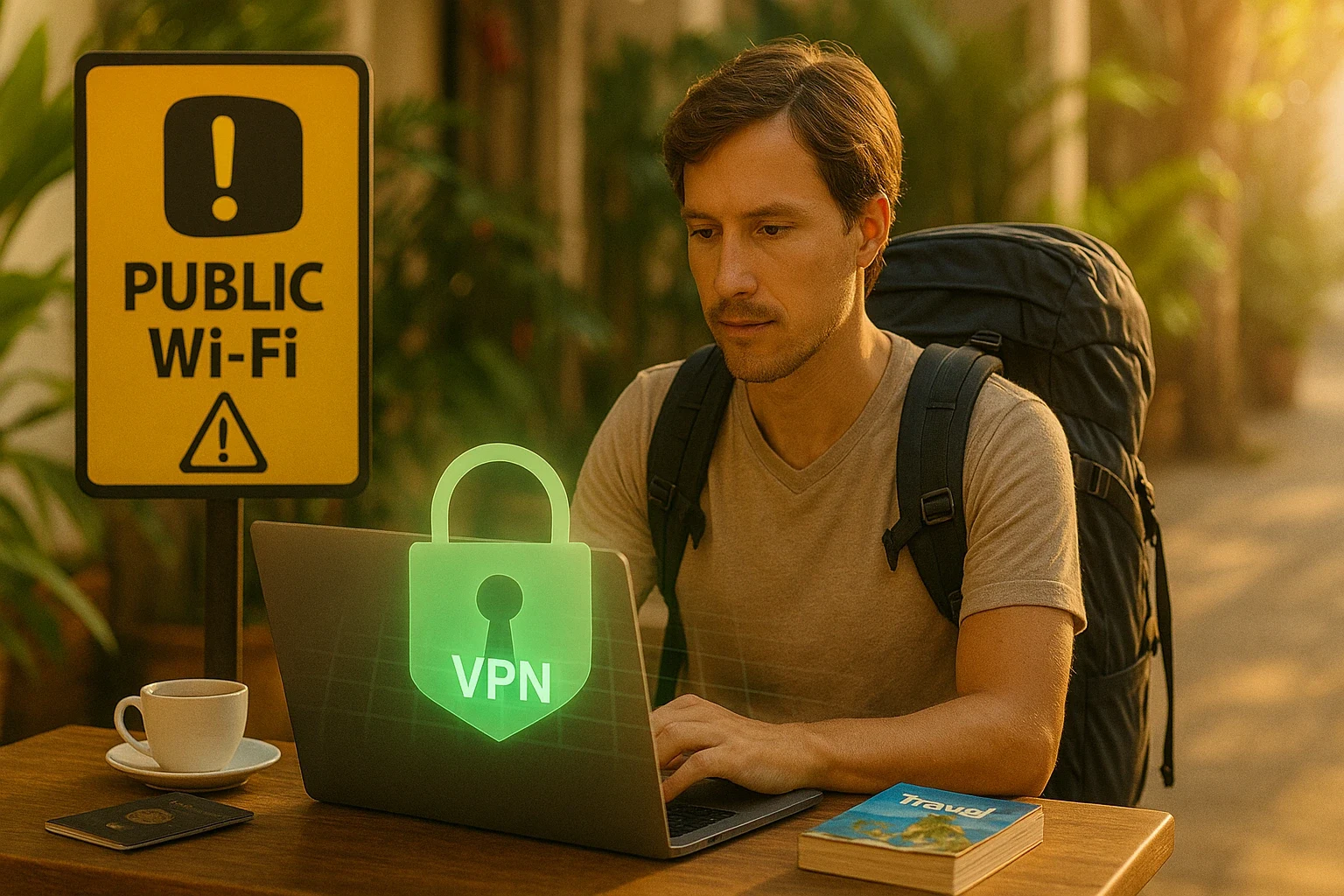 Backpacker connecting to Wi-Fi at a cafe