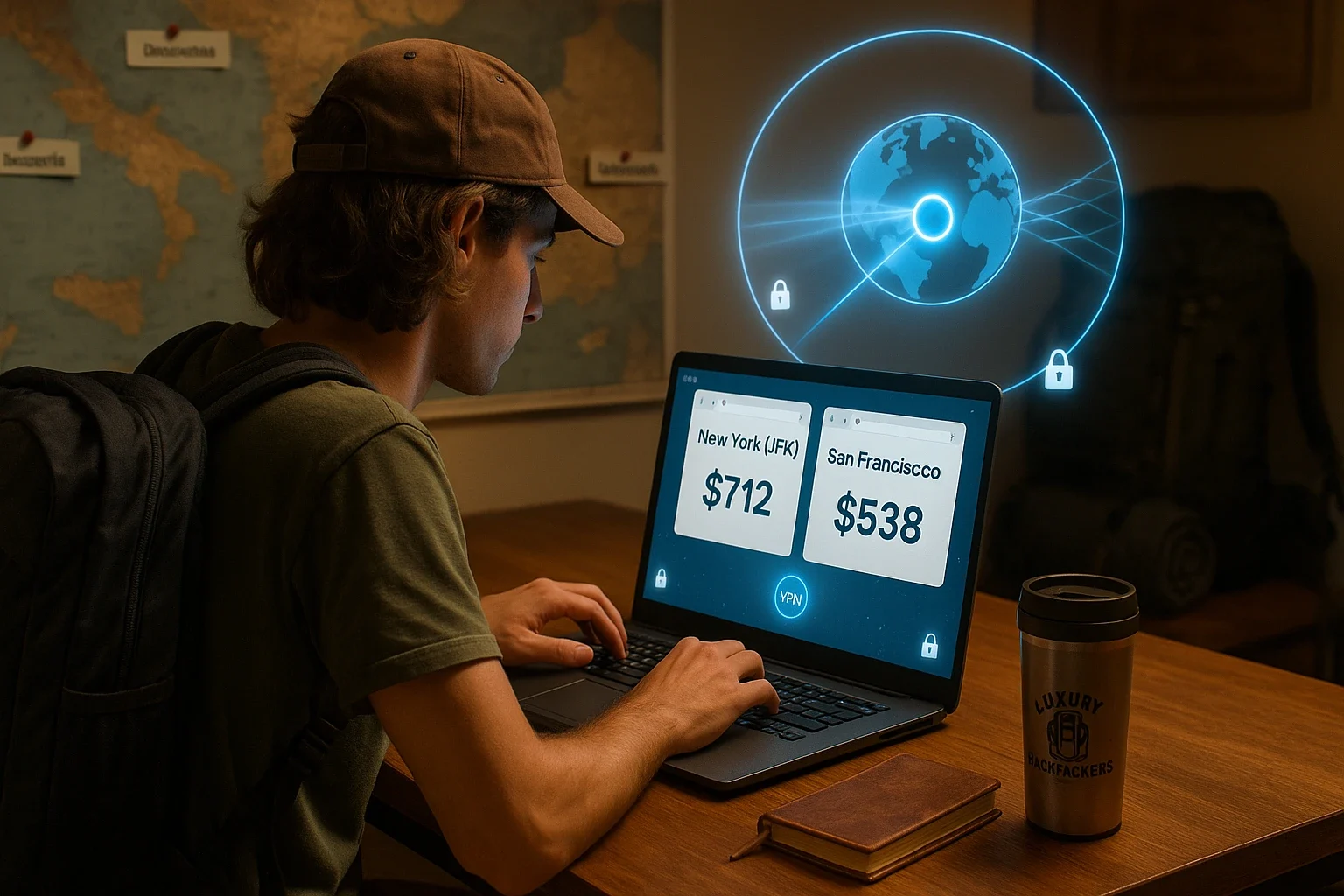 Backpacker booking cheap flights with a VPN for backpackers