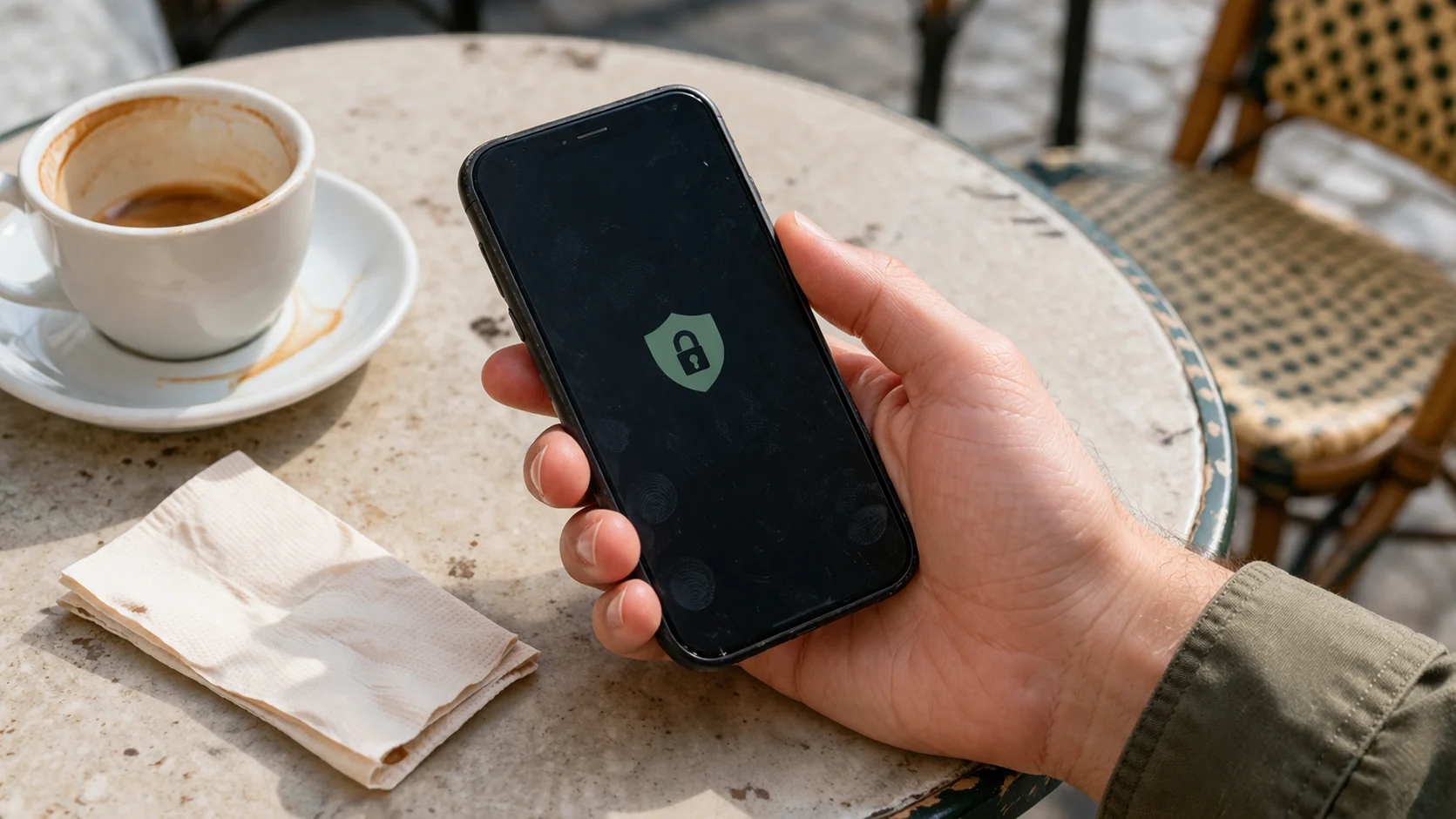 Hand holding smartphone at outdoor café with subtle lock icon on screen, representing secure connection while traveling