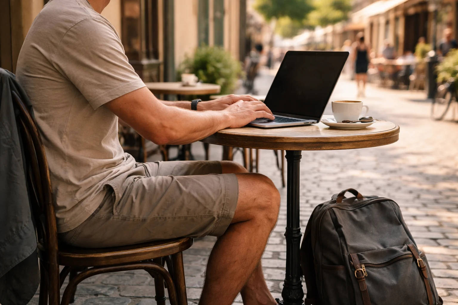 Traveler on laptop at a sunlit European cafe with backpack, using a VPN for travel to stay secure on public WiFi