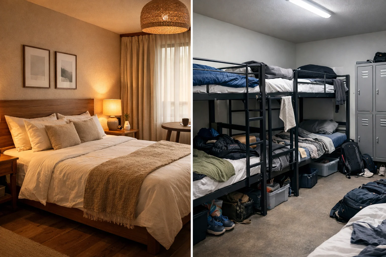 Visual example of a boutique hotel room compared to a hostel dorm, highlighting size, design, and privacy differences