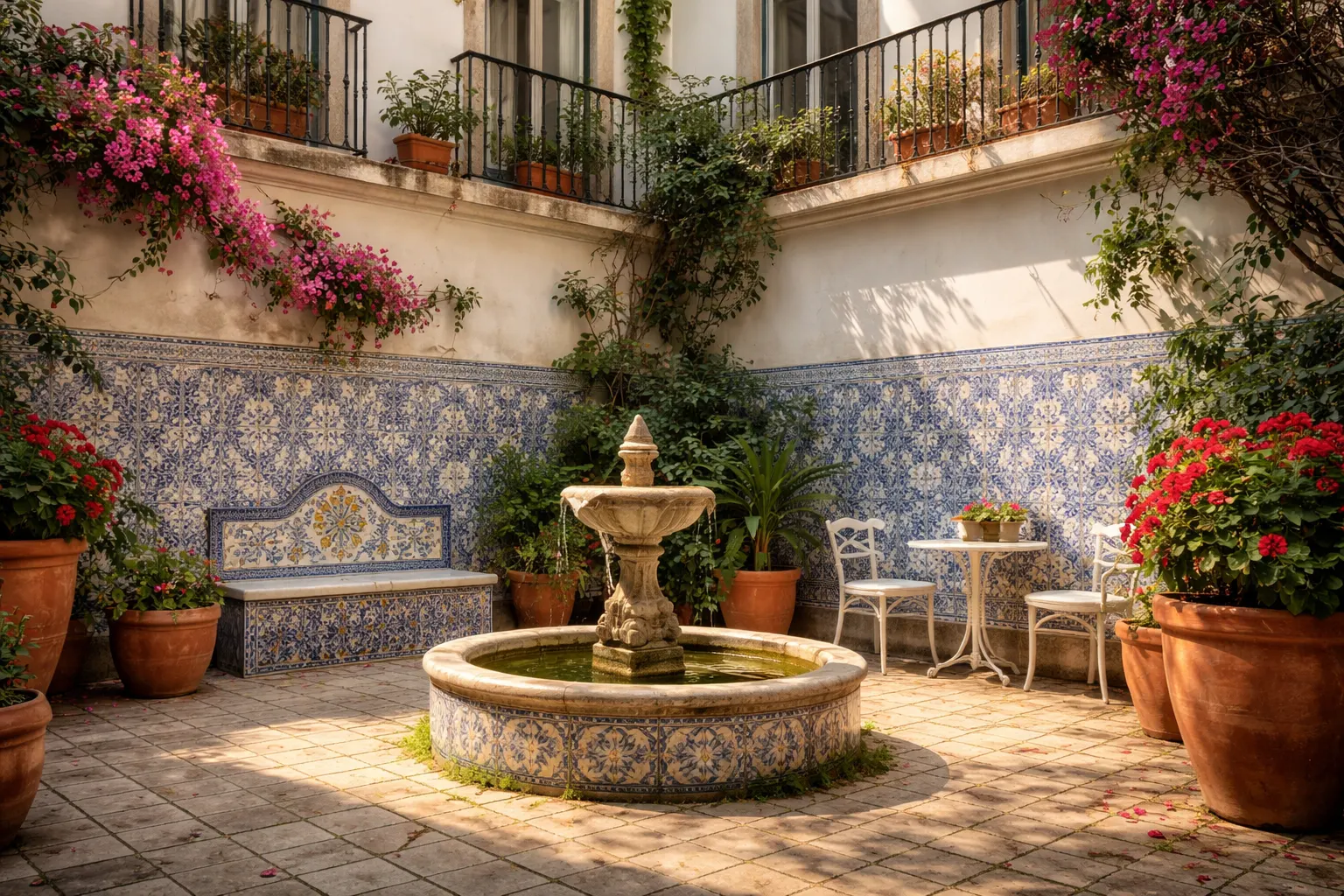 What is a boutique hotel — Lisbon sunlit courtyard with azulejo tiles and potted plants, local character chain hotels never match