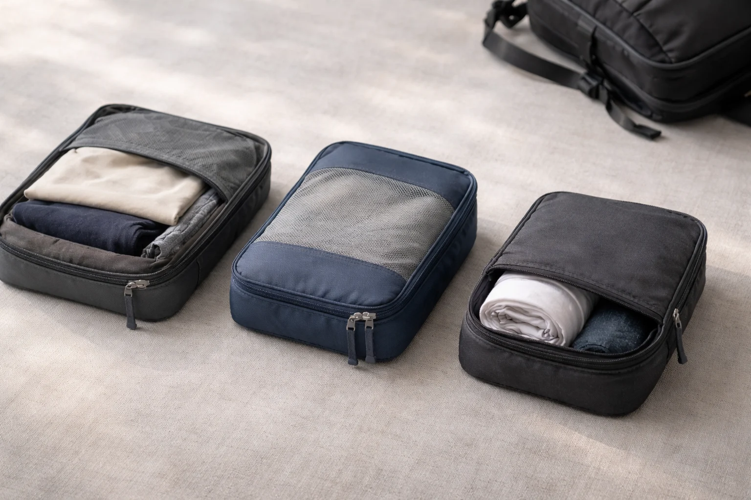 Three compression packing cubes open beside a 40L backpack showing clothing neatly organised by category — tops, underwear, and socks — ready for a multi-week Europe trip