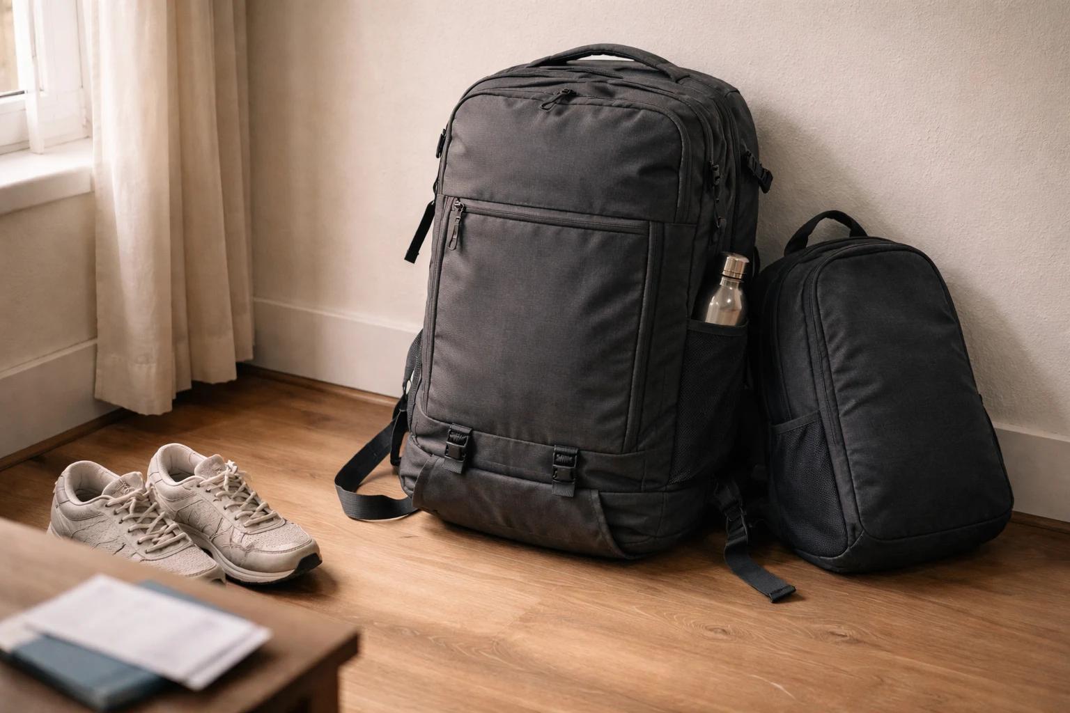 A fully packed 40L backpack standing upright on a wooden floor, travel-ready — what to pack for backpacking on a multi-week carry-on only trip