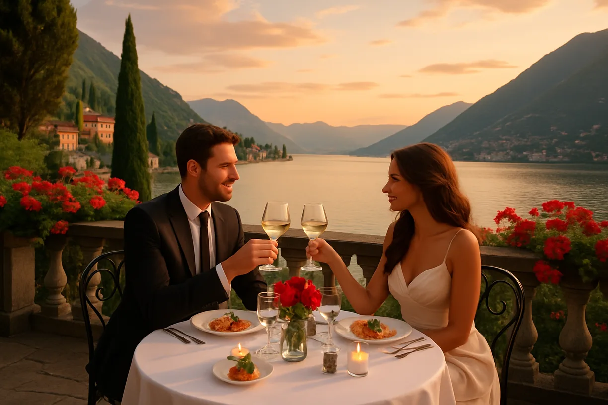 Luxury Honeymoons with couple at a lake restaurant enjoying food and wine, nicely dressed
