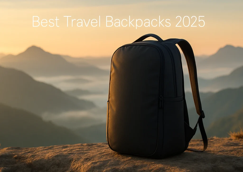 Black travel backpack resting on a rock at sunset with scenic mountain view