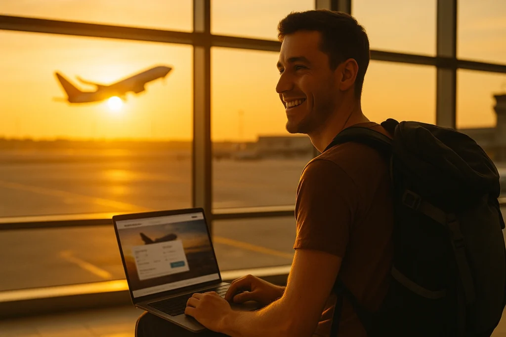 Young backpacker searching for cheap flights online at airport during sunrise