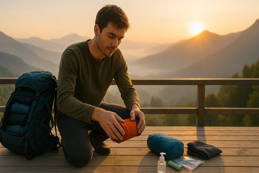 Backpacker packing light on a mountain deck at sunrise with organized travel gear