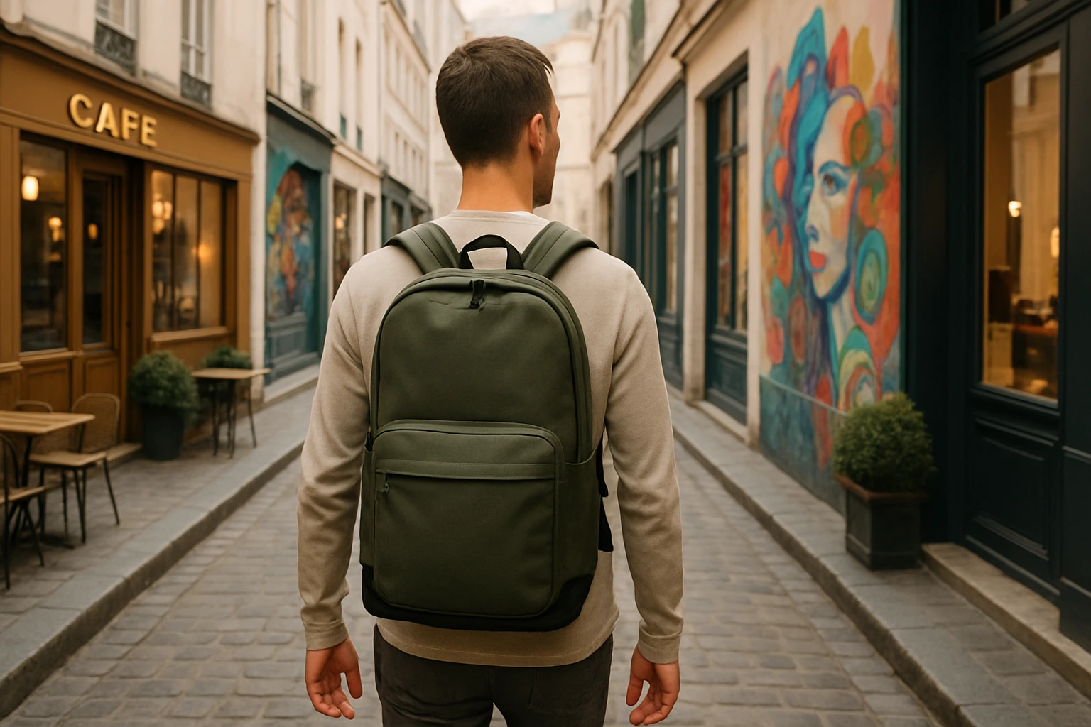 Stylish backpacker with sleek gear in a vibrant city, demonstrating how to backpack in style