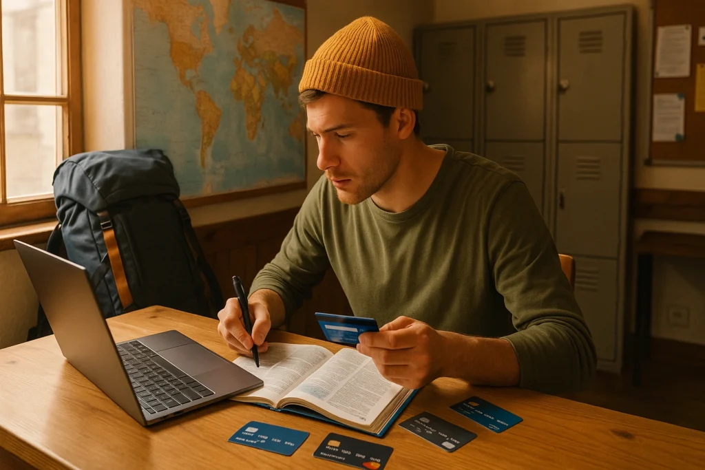 Backpacker choosing a travel credit card at a hostel desk