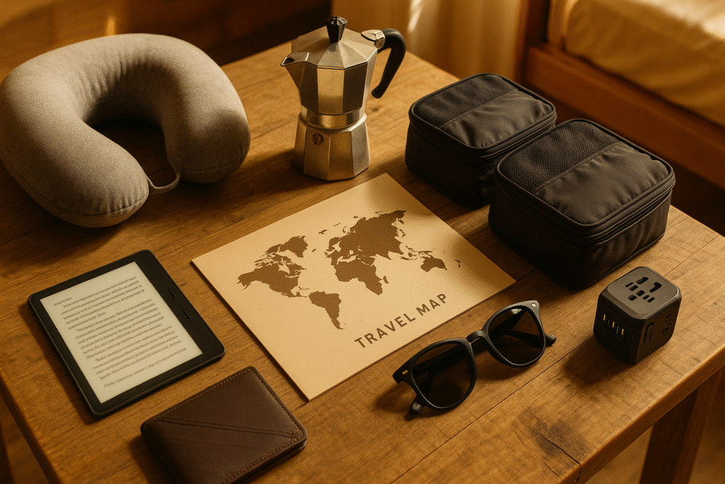 Luxury travel accessories for backpackers displayed on a scenic travel background