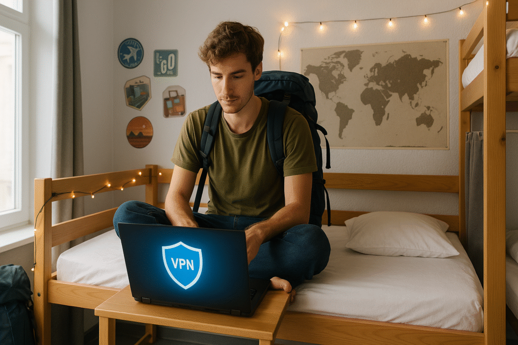 Backpacker using a VPN for backpackers on a laptop in a hostel