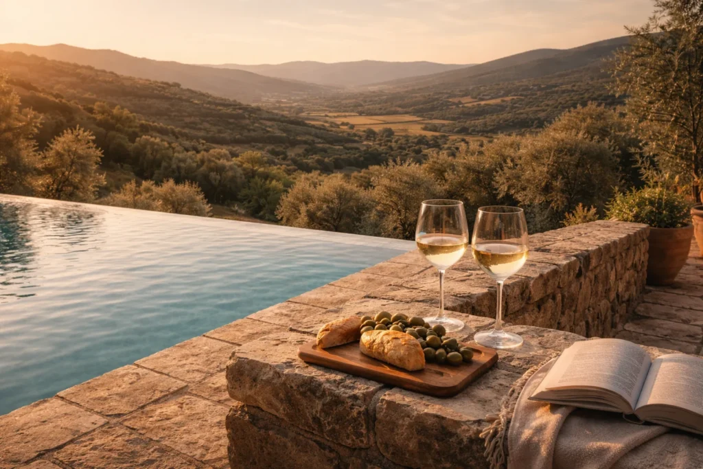 Private villa with an infinity pool — the affordable luxury vacation sweet spot — overlooking a Portuguese valley at golden hour, terrace set for two with wine and local bread, warm evening light