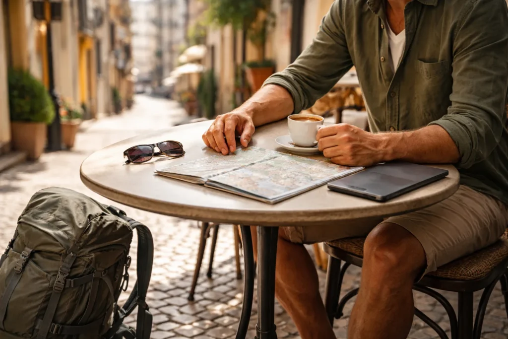 Backpacker reviewing a city map at a café terrace in Lisbon with laptop and carry-on bag