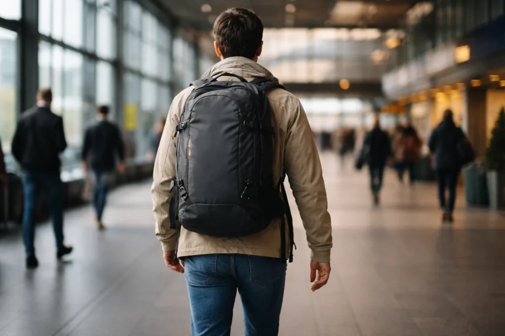 Traveler walking through an airport terminal from behind wearing a compact 35L backpack — best carry-on backpack for travel in real use