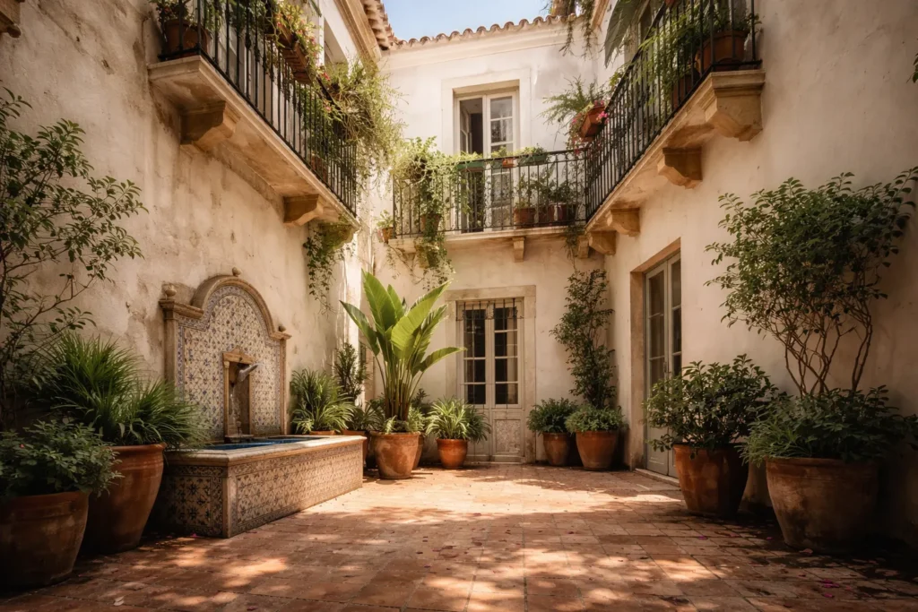 Sunlit Lisbon courtyard hotel with terracotta tiles and wrought-iron balconies — a boutique hotels on a budget find