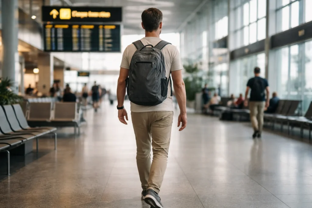 Carry-on only travel — traveler with a single 35L backpack through a sunlit European airport terminal, no checked luggage, relaxed and purposeful stride toward departures