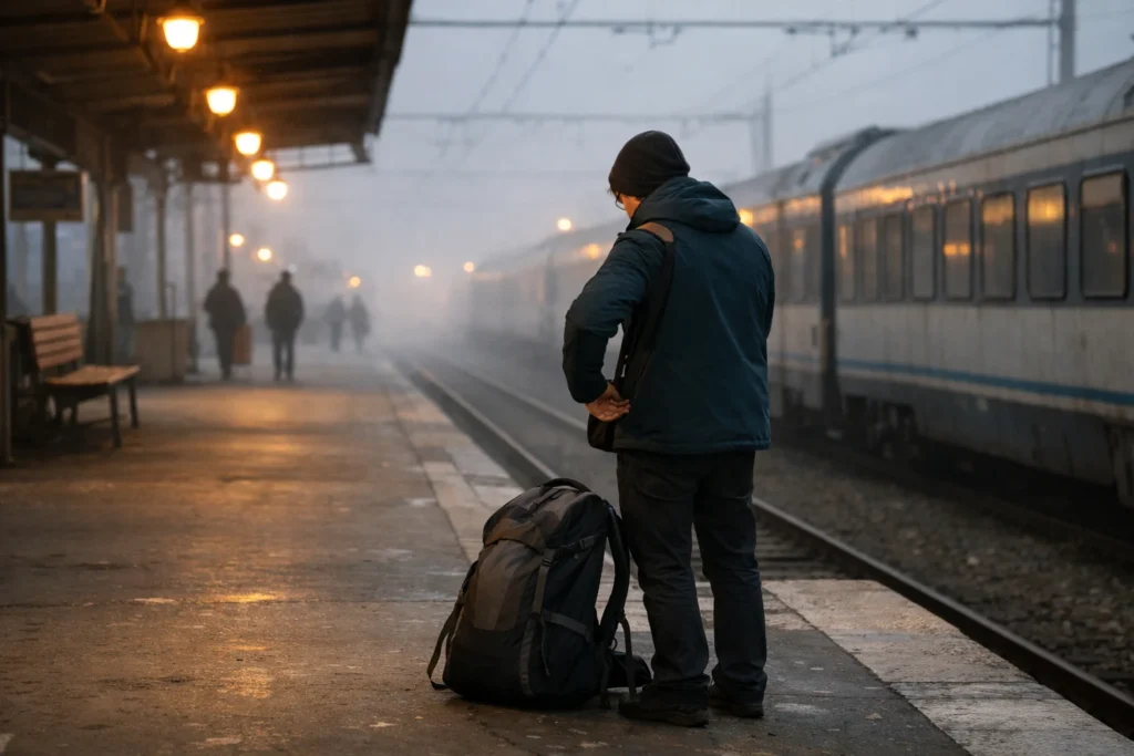 Traveler researching whether the Eurail pass worth it for their trip, checking Rail Planner app at a European station platform, backpack beside them, morning light