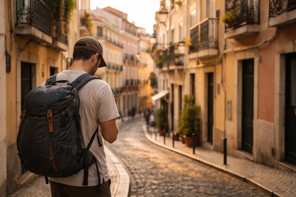 Solo traveler with a small backpack on a cobblestone street in Lisbon, planning their europe backpacking budget — boutique guesthouse signs visible, golden afternoon light, relaxed and independent travel mood