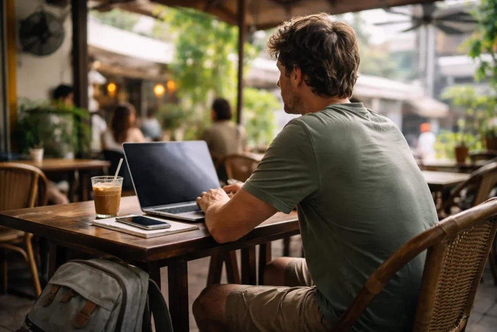 Backpacker reviewing travel insurance documents on a laptop at a hostel café in Southeast Asia, policy comparison visible on screen, warm natural light