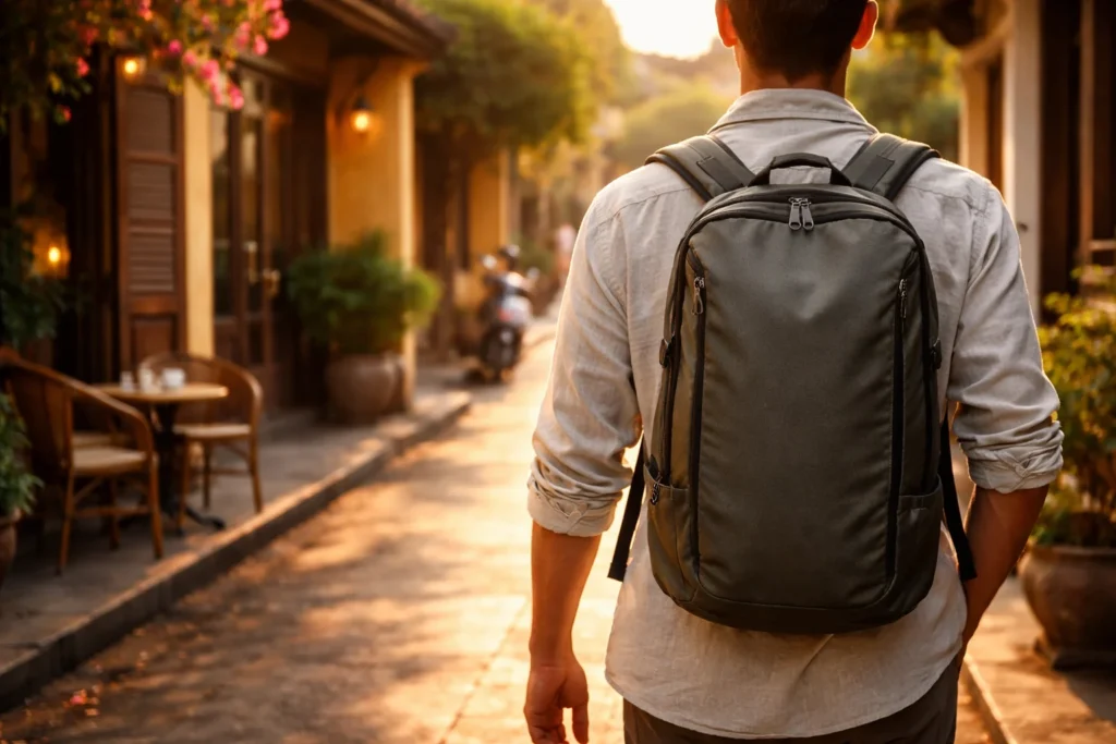 Luxury backpacking in Southeast Asia — traveler with a compact pack on a sunlit street lined with guesthouses and greenery