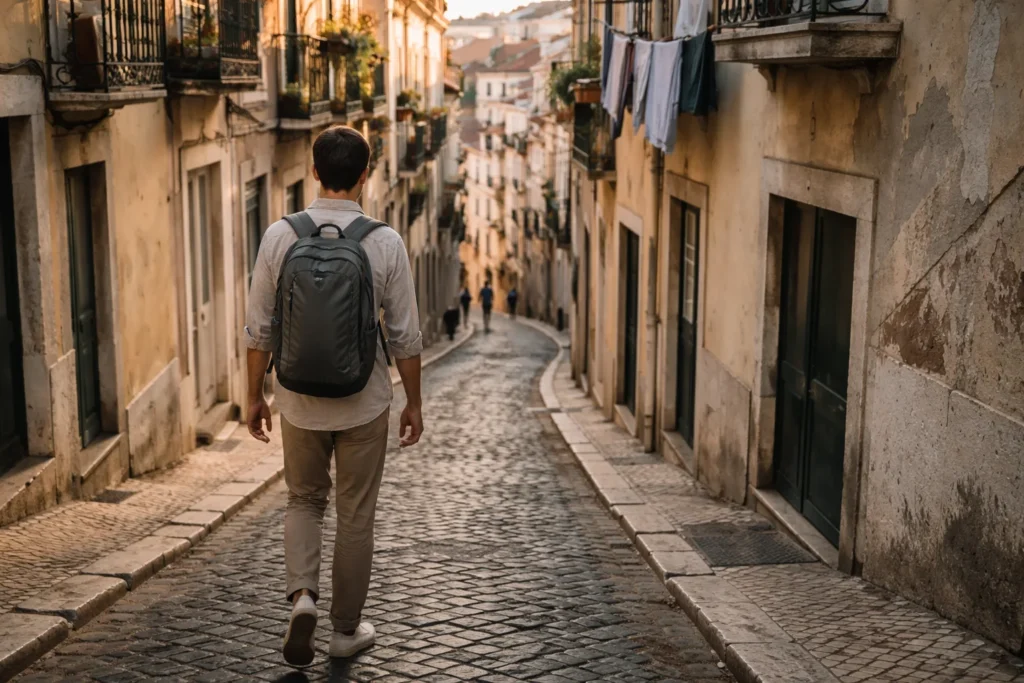 Traveler applying travel cheap tips — small carry-on bag, cobblestone street in Lisbon at golden hour, boutique guesthouse signs visible, independent and unhurried mood