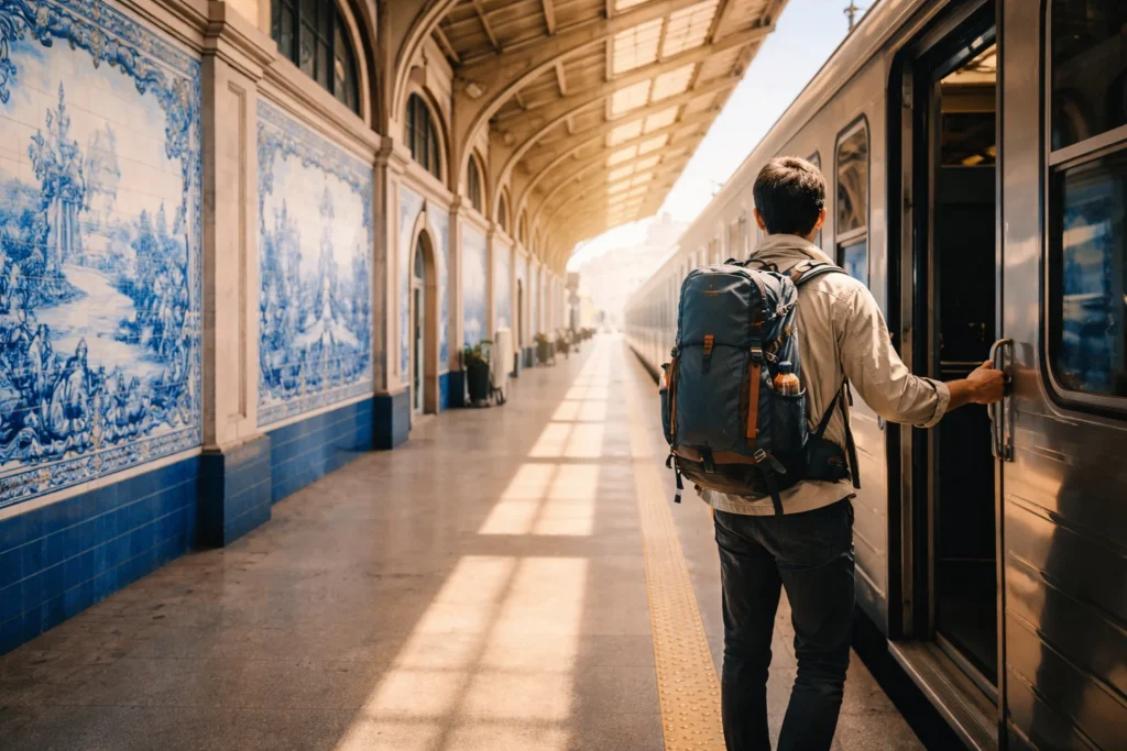Traveler with a single carry-on backpack at a sunlit Lisbon train platform — planning the europe backpacking route — azulejo tiled walls, preparing to board, confident and unhurried">